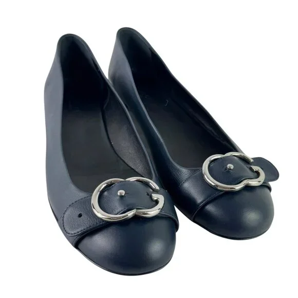 GUCCI Sachalin Navy Blue Leather GG Front Logo Cap Toe Ballet Flats 41 - 11US